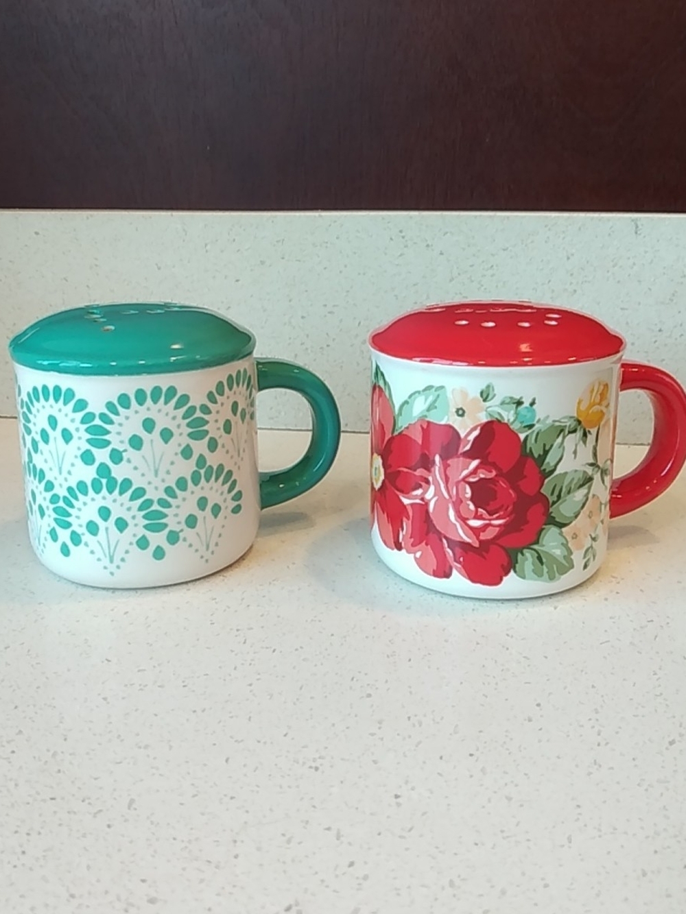 Vintage The Pioneer Woman Floral Roses & Teal Patterned Ceramic Shakers